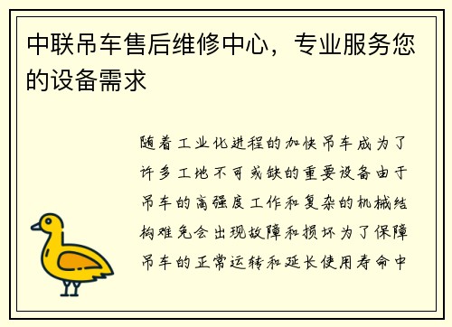 中联吊车售后维修中心，专业服务您的设备需求