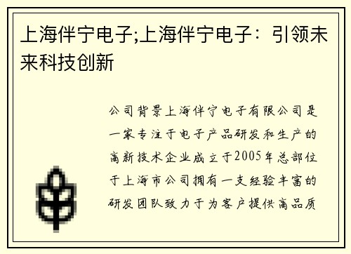 上海伴宁电子;上海伴宁电子：引领未来科技创新